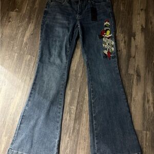 Ed Hardy Dark Blue Flare Jeans with Colorful Embroidery